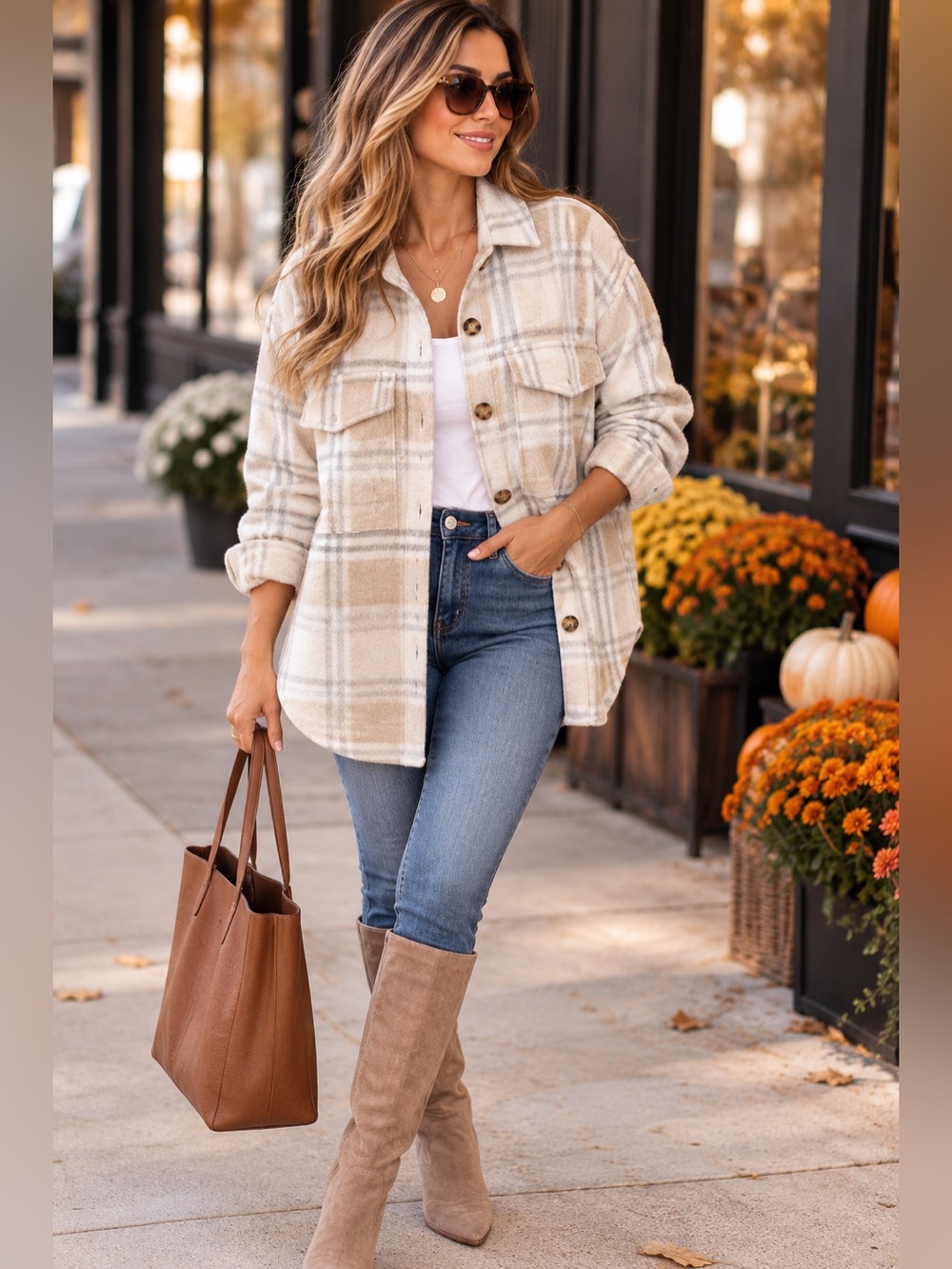 BeachLunchLounge Plaid Shacket Large Cream Beige Oversized